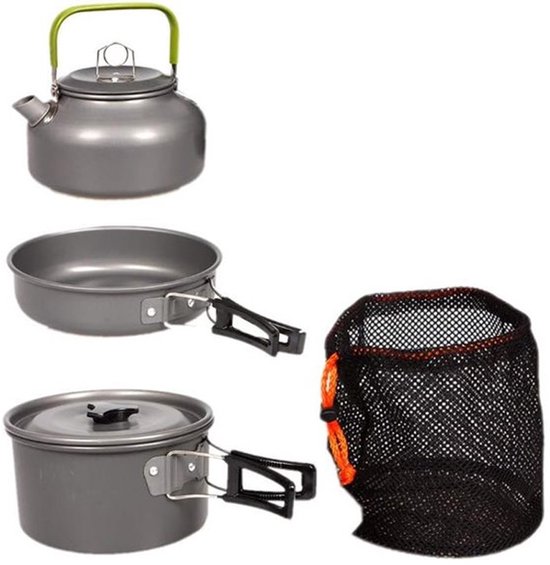 3 stuks - Kookset - Camping Kookset - Kookgerei - Camping Pannenset - Camping Kookgerei Kit - Keukengerei set - steelpan, pan, theepot - voor 2-3 personen - voor Buitenpicknick Kamperen Wandelen - Opvouwbare - aluminium