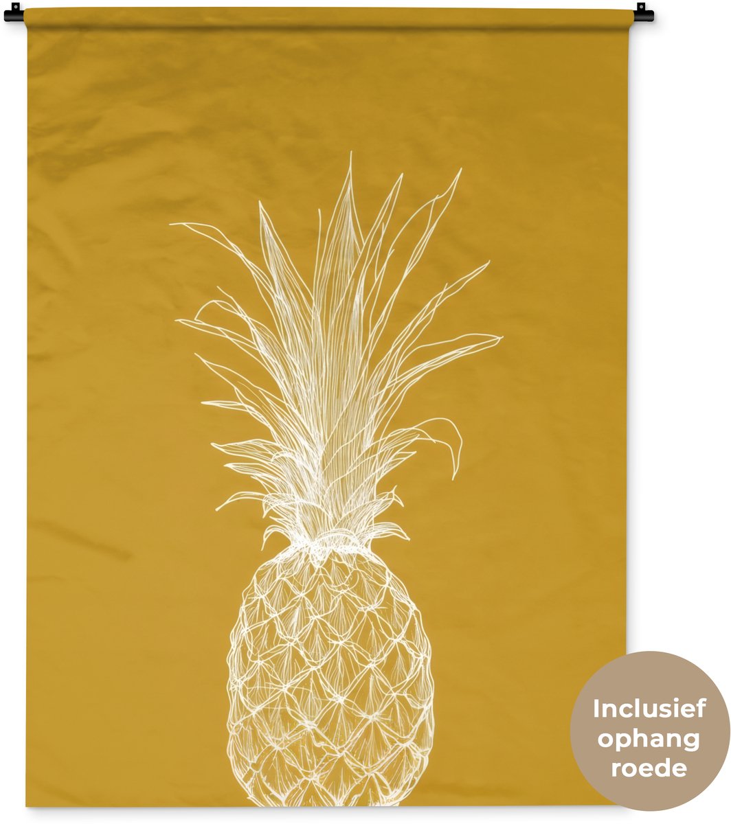 Wandkleed 120x160 cm - Wanddoek Lijnillustratie - Ananas - Bladkroon - Okergeel - Wandtapijt - Wandkleden