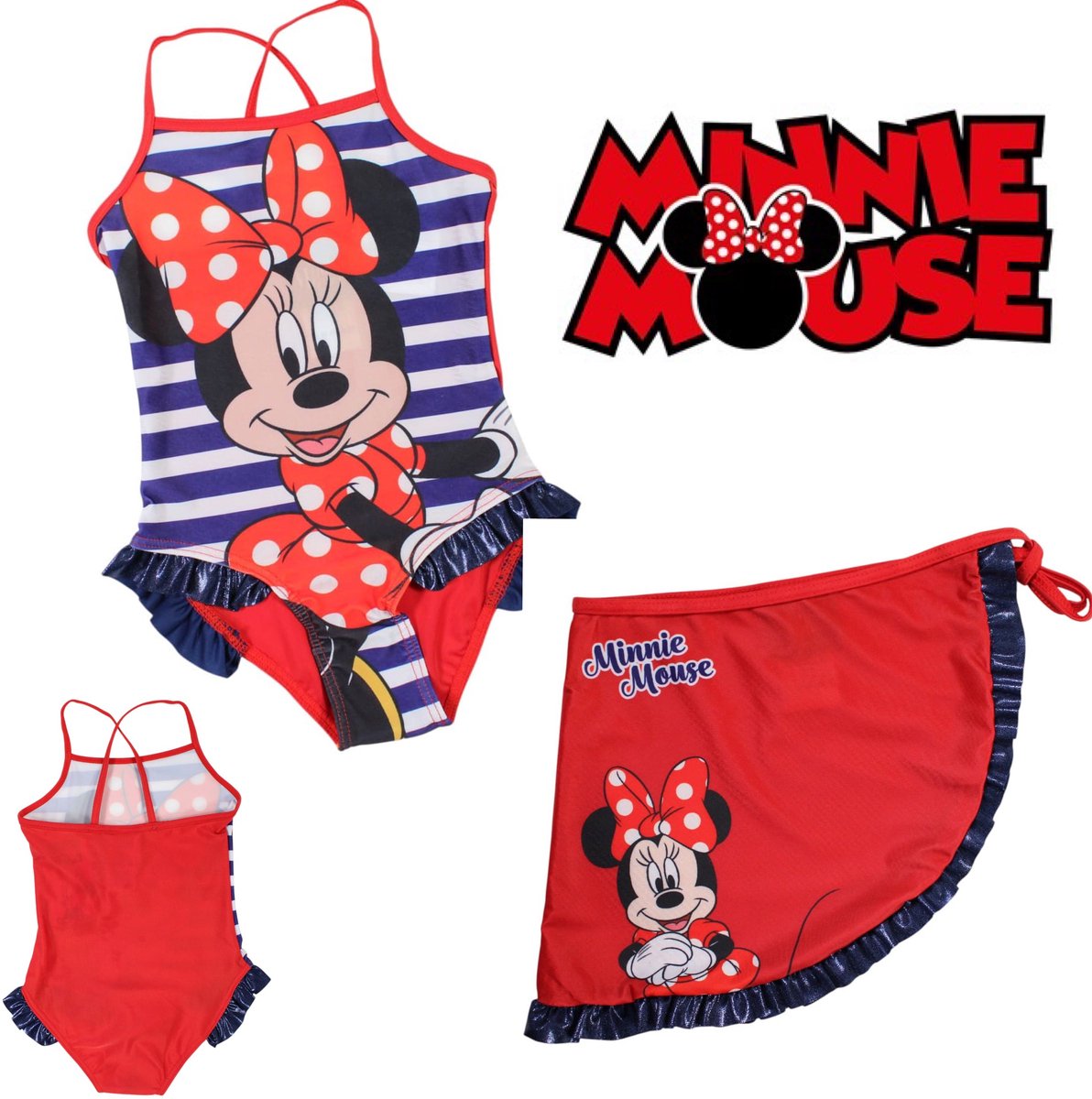 Disney Zwemset - Minnie Mouse - Badpak + Sarong Rood/Blauw