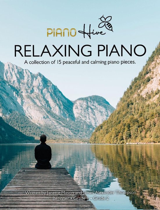 Couverture de livre avec "Relaxing Piano: A collection of 15 peaceful and calming piano pieces." Au-dessus d'un lac avec une personne sur un quai.