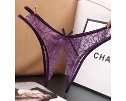 New Age Devi - Paarse String met Open Kruis - Sensueel Kantontwerp - Sexy Strik - One Size Fits All - Dames Lingerie