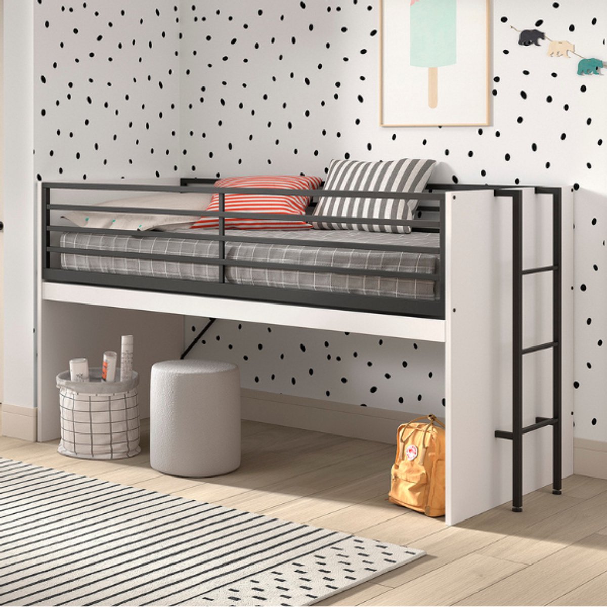 Vipack Sam Halfhoogslaper met Uitschuifbaar Bureau – 90 x 200 cm – Wit/Zwart – Ladder Links/Rechts – Inclusief Lattenbodem