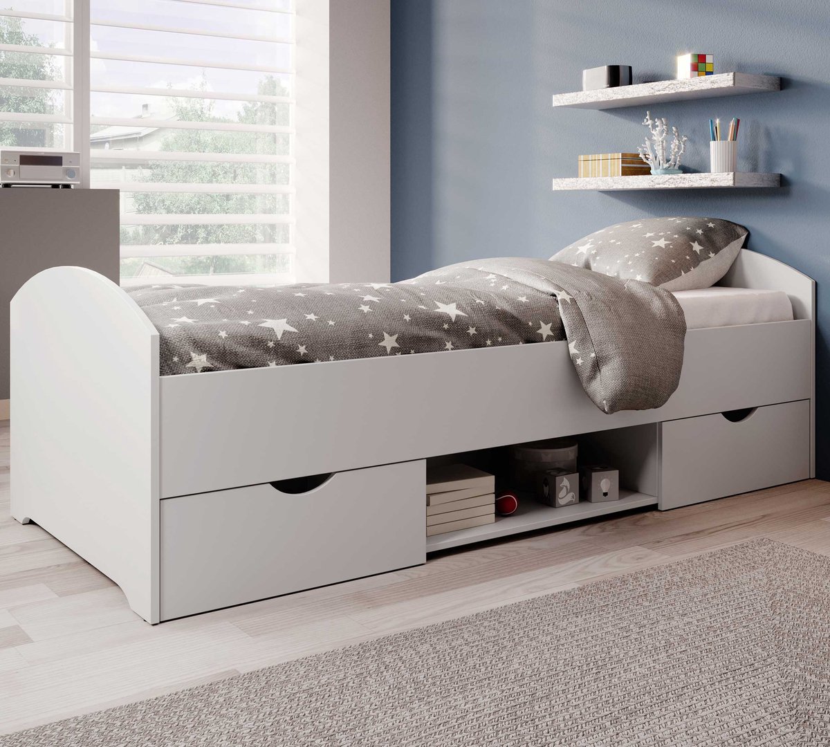 Bed Nero 90x200 Met 2 Lades - Wit - Emob - Eenpersoons Bedkader - Wit - Spaanplaat Eenpersoons Normaal Bed