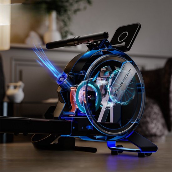 Gedetailleerde kijk op de mechanica van een zwarte roeitrainer, met blauwe lichteffecten die de beweging illustreren.