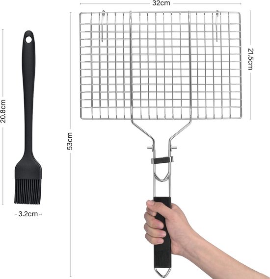 1 st. Visbraadmand, roestvrijstalen barbecuemand, opvouwbare, draagbare roestvrijstalen barbecuemand met Oxford-tas en 2 siliconenborstels van Merkloos — afbeelding 4