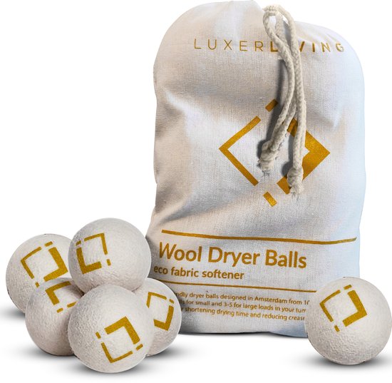 LuxerLiving wasbol set van 6 – Droogt tot 30% sneller – Wasverzachter – Droger Ballen voor Wasmachine en Wasdrogers – Dryer balls – 100% wol
