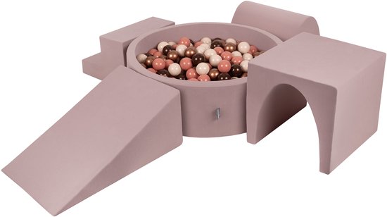 KiddyMoon Foam speeltuin PPZP-OK30D-125 met ballen heide: bruin-koper-pastel-beige-blauw-haar zwembad 200/club L/groef/tunnel/trap