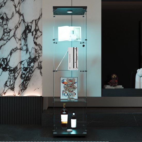 Vitrine en verre avec LED, Vitrine moderne avec 4 étagères en verre ESG, Vitrine de collection pour Bar, Salon, 164 x 42,5 x 36,5 cm, Zwart