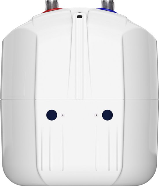 Witte boiler van Eldom, met aan de bovenzijde twee aansluitingen en een uitsparing in het midden.