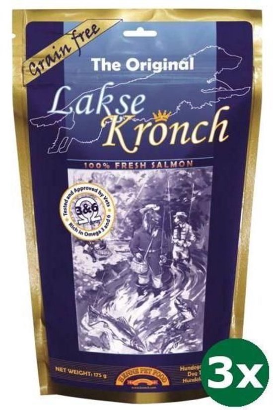 Zak met 3x Lakse Kronch, 100% verse zalm, glutenvrij, 175g.