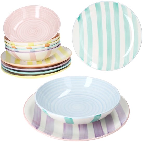 MamboCat 12-delig BEACH PASTELLO STRIPES servies voor 6 personen in steengoed - 24326159 & 24326165