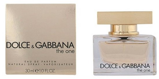 Dolce & Gabbana The One Natural Spray, 30ml. Gouden doosje naast een glazen parfumfles met gouden dop.