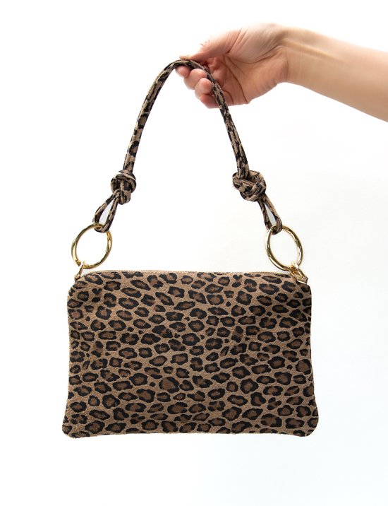 Crossbody Tas- Goud- Clutch- Handtas- Dames schoudertas- Panter- Suède- 1 extra rits vakken - Stijlvol en Functioneel - Accessories Junkie Amsterdam- Bruin goud