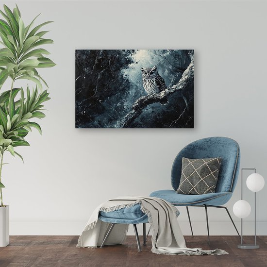 Uil op een tak in het bos - Uil canvas kunst - Canvas dier - Realisme kunststroming - Moderne schilderijen - Wanddecoratie slaapkamer - canvas 100x75 cm