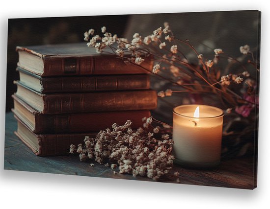 Livres Vintage et nature morte aux bougies - Boeken sur toile - Objets sur toile - Nature morte - Peintures sur toile industrielles - Peintures sur toile salon - toile 60x40 cm