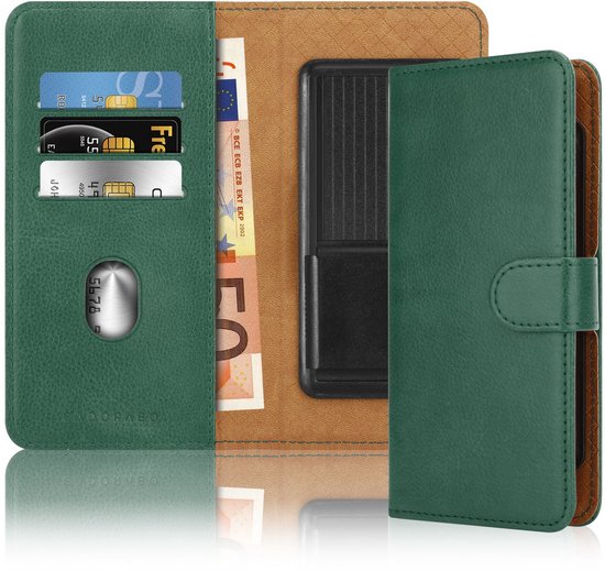 Étui de téléphone vert avec doublure brune, contenant des cartes de crédit et des billets.