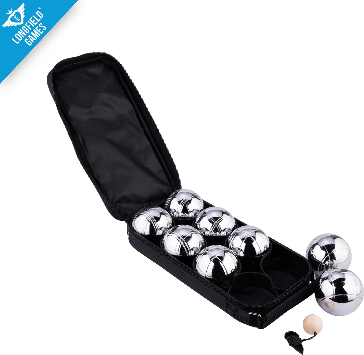 Metalen Jeu de Boules - 8 ballen in zwarte rits tas - Pétanque - Boules - Metalen ballen - Geschikt voor elke Jeu De Boules baan - Longfield — afbeelding 2
