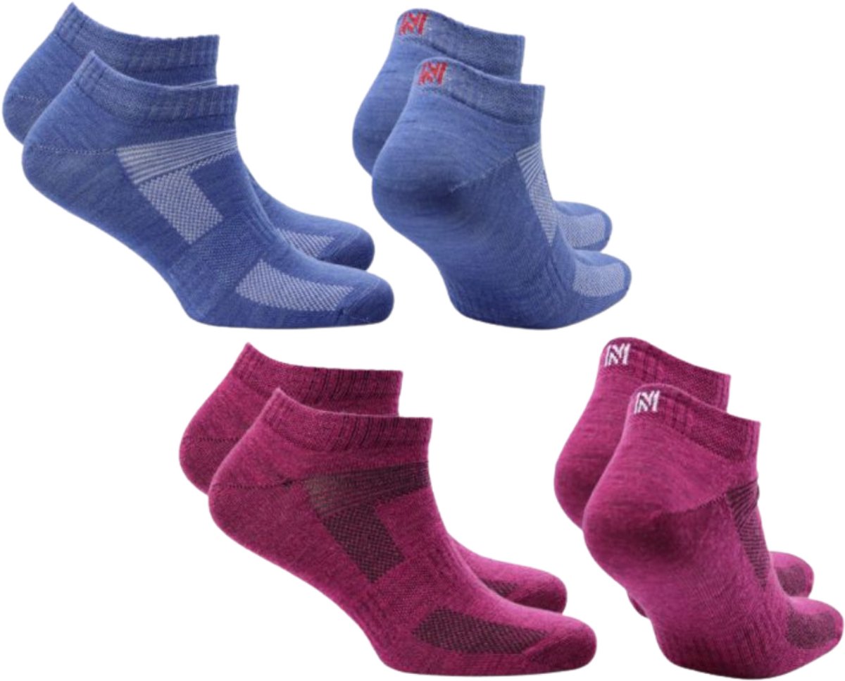 Norfolk 4 paar Wandelsokken Anti Blaren 60% Merino Wol enkelsokken met Snelle Vochtopname Platte Teennaad Enkelsokken Heren Dames Wollen Sokken 2 Magenta 2 35-38 Sheldon Low-cut Blauw