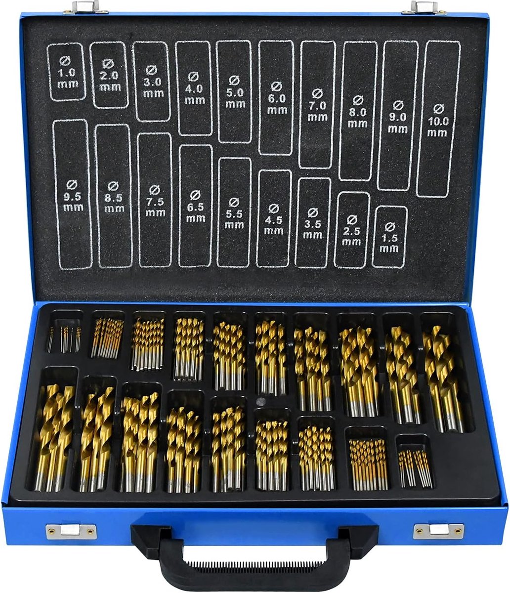 Aufun Metaalboorset, 170-delig Spiraalboor Houtboor, HSS Boorset 1-10 mm, DIN 338 Boorpunthoek 135° HSS-G Kobalt Geschikt voor alle standaard boren