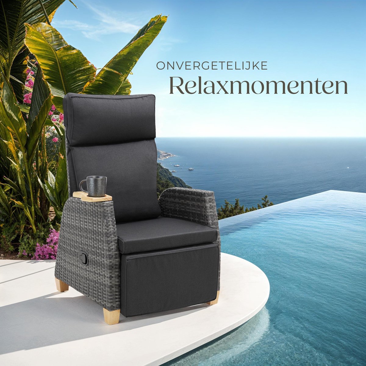 tectake® Set van 2 Wicker Buitenfauteuils - Tuinstoel met Hoge Rugleuning - Met Voetsteun en Verstelbare Rugleuning - Relaxstoel met Ligfunctie - Loungestoel voor Tuin - Ligstoel - Leesstoel - Incl. Ruimte voor Beker/Glas – foto 5
