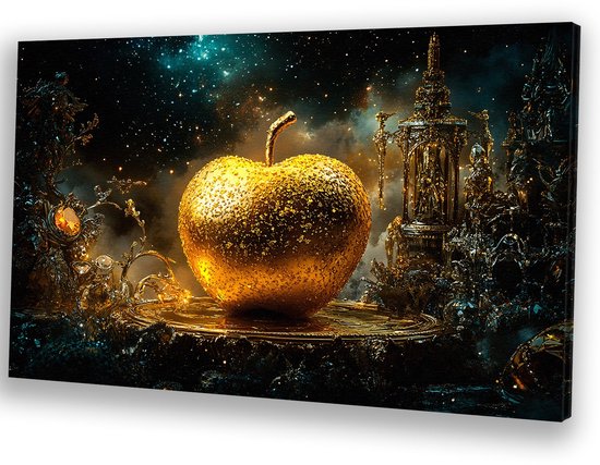 Pomme dorée dans un ciel étoilé - Décoration murale Goud - Art mural pomme - Surréalisme - Décoration salon industriel - Art mural - Toile 90x60 cm