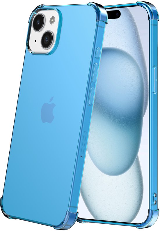 Blauw transparant telefoonhoesje met Apple logo, met verhoogde randen.