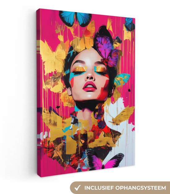 Canvas schilderij 60x90 cm - Exclusieve wanddecoratie Vrouw - Abstract - Kleurrijk - Muurdecoratie woonkamer - Slaapkamer decoratie - Kamer accessoires - Schilderijen op canvas