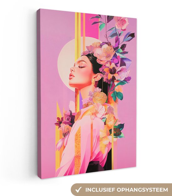 Canvas schilderij 60x90 cm - Exclusieve wanddecoratie Vrouw - Bloemen - Paars - Abstract - Muurdecoratie woonkamer - Slaapkamer decoratie - Kamer accessoires - Schilderijen op canvas