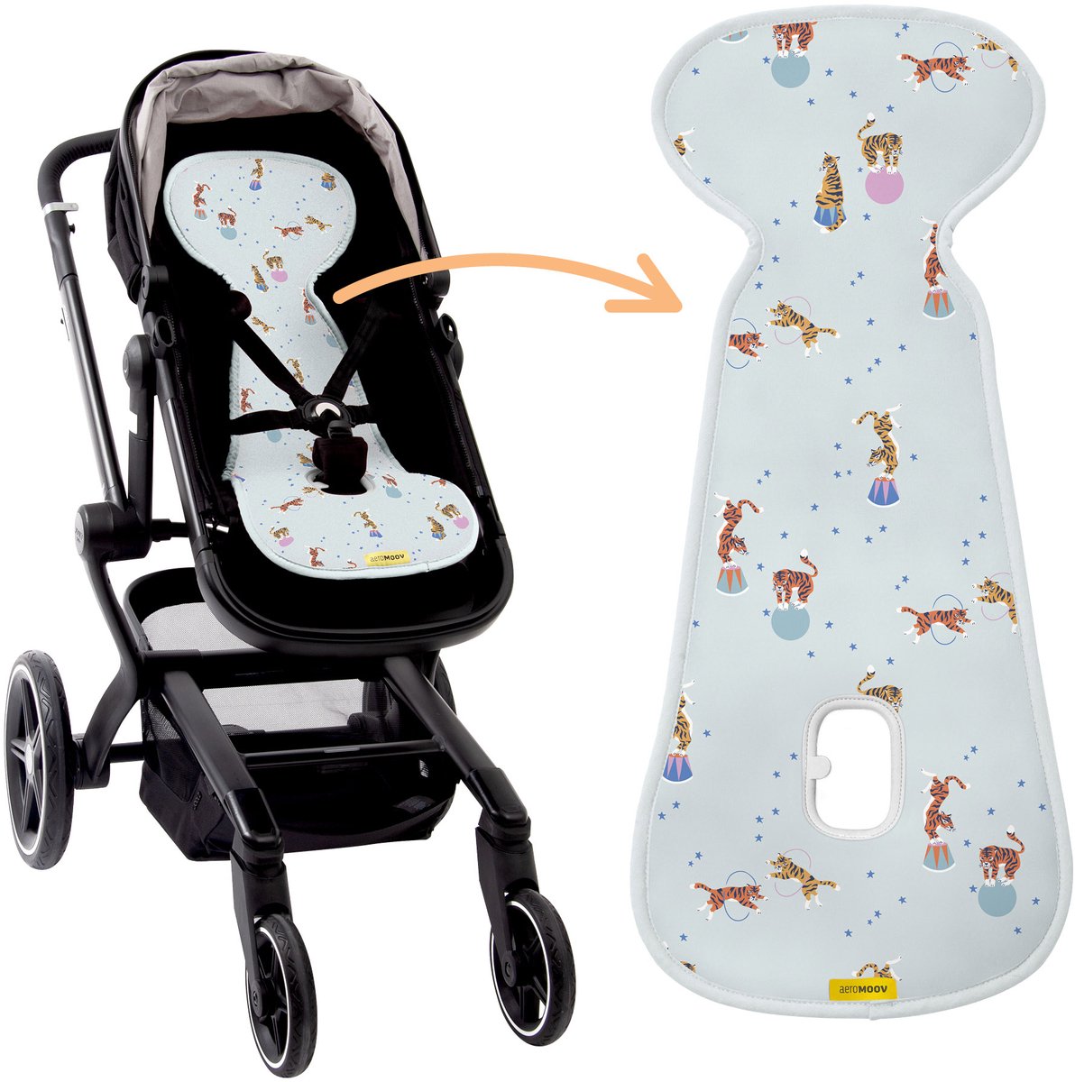 AeroMoov Air Layer – Inlegkussen Buggy – Ademend & Warmteregulerend - Universeel - Circus Tigers