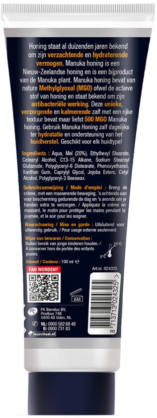 Crèmebuis met tekst in het Nederlands en Engels, MGO 500 Manuka Honing, 100 ml.