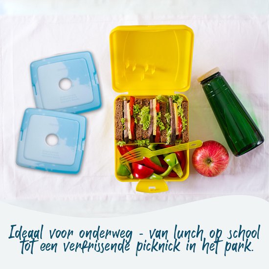 Gele lunchbox met broodje, appel, fles en twee blauwe koelelementen.