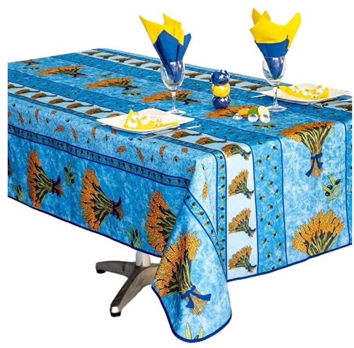 Provençaals rechthoekig vlekbestendig tafelkleed, blauw tarweboeket