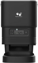 Zwarte automatische voerbak met 'Pretty Paws'-logo en digitaal display dat 7:27 AM aangeeft.