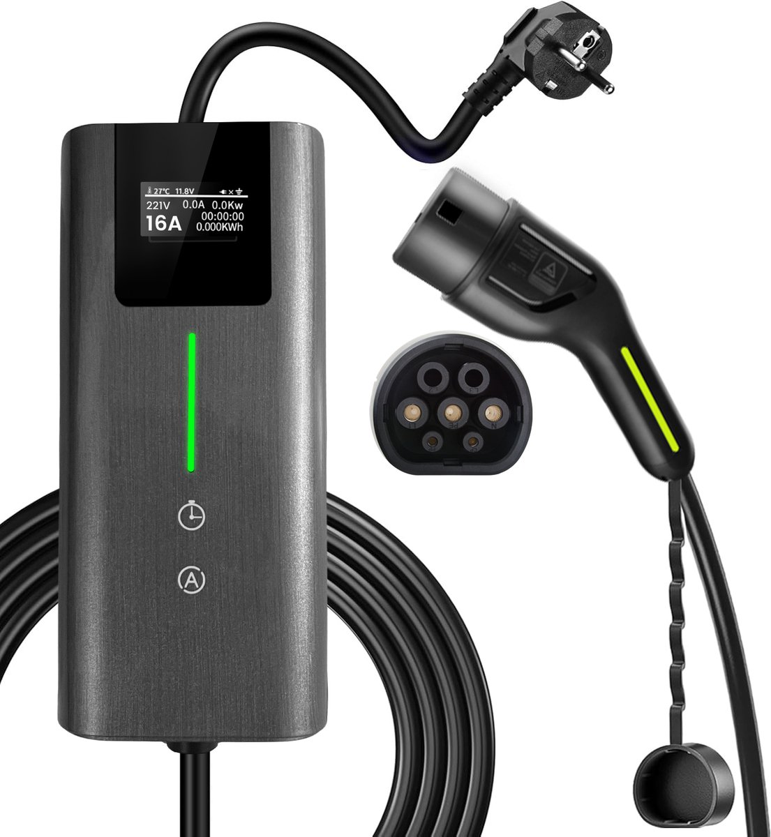 Junsun EV Laadkabel 1 Fase 16A - Type 2, 5M - LCD Scherm - IP67
