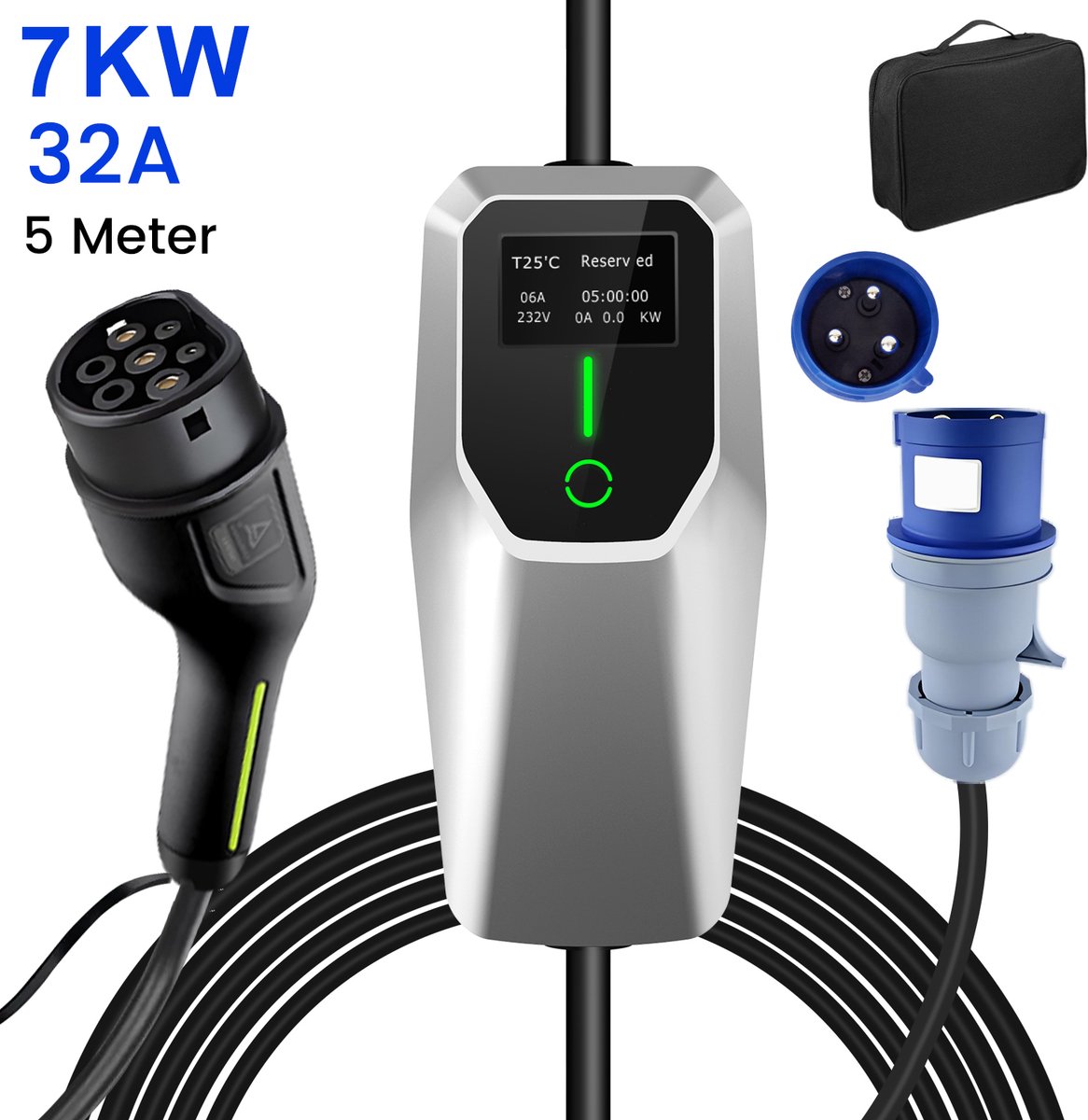 JUNSUN Draagbare 7kW 32A Type 2 Laadkabel - Snel en Veilig Laden