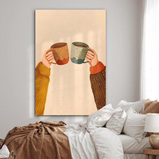 MuchoWow® Glasschilderij 100x150 cm - Schilderij acrylglas - Illustratie - Mokken - Proosten - Bruin - Foto op glas - Muurdecoratie woonkamer - Wanddecoratie slaapkamer - Schilderijen