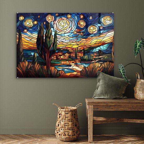 MuchoWow® Tableau sur verre 120x80 cm - Tableau sur verre acrylique - Ciel - Étoiles - Mosaïque - Maisons - Photo sur verre - Décoration murale salon - Décoration murale chambre - Peintures