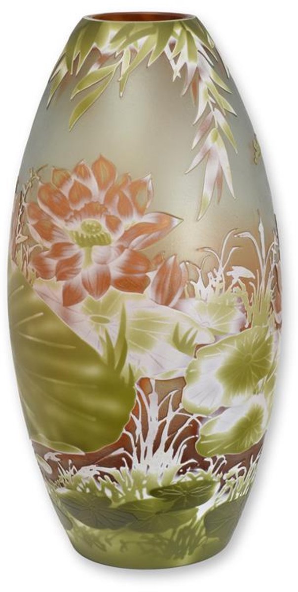 Glazen Vaas met Lelie Vijver – hoge decoratieve Cameo glazen vaas met leliepatroon – art nouveau stijl – handgemaakt en uniek design