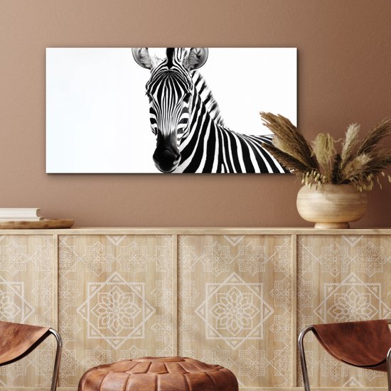 Aluminium schilderij 80x40 cm - Wanddecoratie metaal - Zebra - Close-up - Zwart - Strepen - Metalen muurdecoratie woonkamer - Decoratie industrieel - Foto op dibond - Industriële accessoires slaapkamer