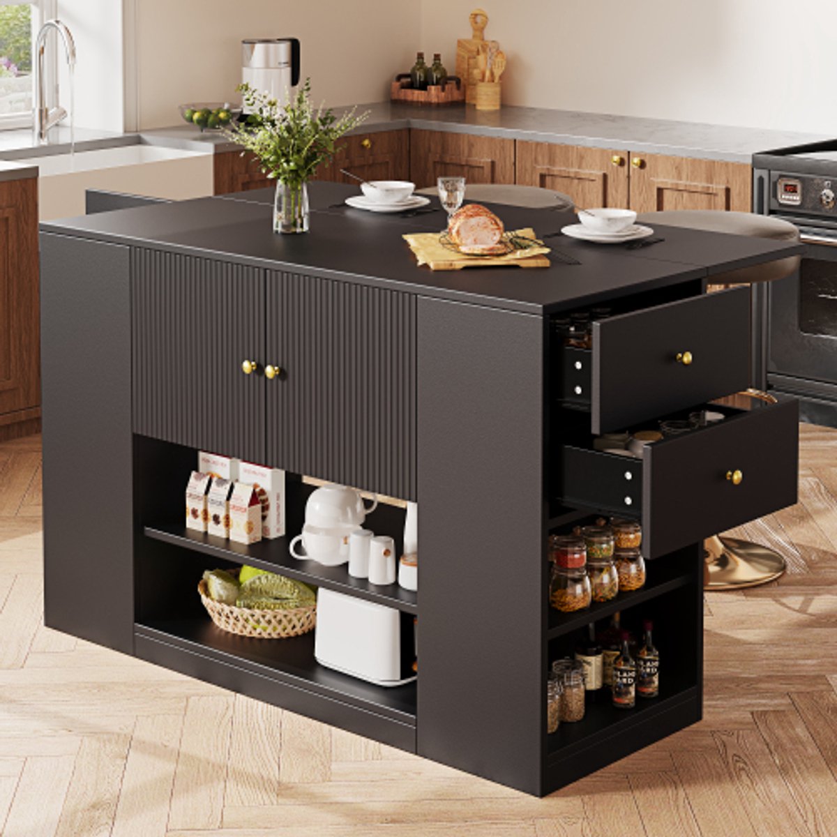 Modern kookeiland, keukenkast, buffetkast, keukenkast met lades en planken, dressoir voor keuken & eetkamer, zwart — cadeau in Cadeau-ideeën - foto 6