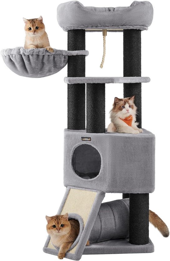 Kattenboom Met Xxl Uitkijkplatform, Bank, Grote Knuffelholte Verstelbare Elementen Extra Dikke Stammen Volledig In Sisal Gewikkeld Kattenboom Stabiel Lichtgrijs