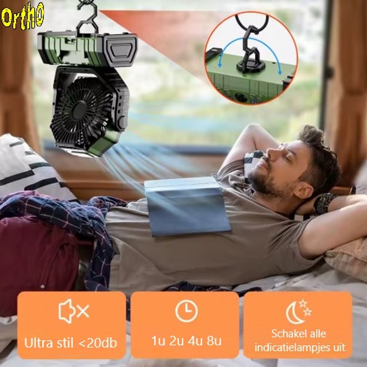 Ortho® - Draagbare ventilator - Grote batterijcapaciteit - Ventilator staand - Tafel ventilator - Camping ventilator - Ventilator lamp - Draagbaar - Met afstandsbediening - Groen thumbnail 5