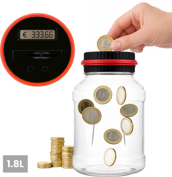 ZoeZo Design - Digitale Spaarpot met Muntenteller - 1,8L Transparant/Rood - Geschikt voor Euro’s - Herbruikbare Spaar Pot – Bereik je Spaardoel – Origineel Cadeau - Spaarpotten - Sparen
