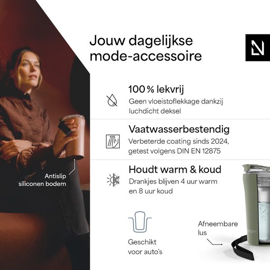 LARS NYSØM - Tasse à Coffee Thermo à emporter 'Rørelse' 380 ml - Sans BPA avec isolation - Avec sangle de transport et couvercle en Tritan - Sage