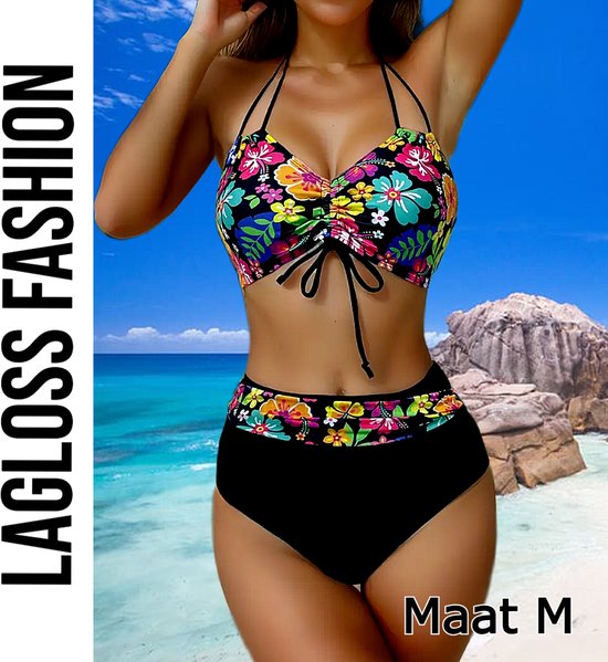 Set bikini LaGloss® Zwart à imprimé floral – Bikini 2 pièces taille haute pour femme avec haut à nouer – Taille M