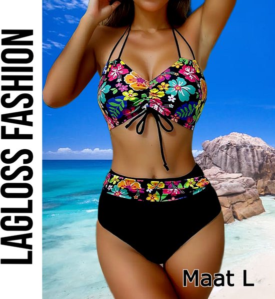 Set bikini LaGloss® Zwart à imprimé floral – Bikini 2 pièces taille haute pour femme avec haut à nouer – Taille L