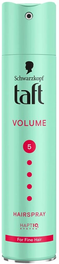 Mintgroene spuitbus Taft Volume haarspray.