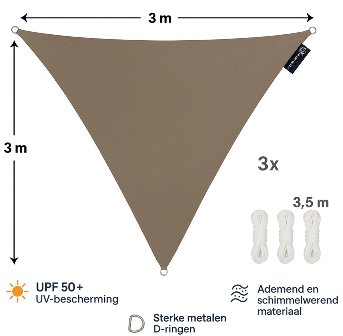 CUHOC Schaduwdoek Driehoek 3x3x3 Meter – Taupe – UV-Beschermend Zonnescherm voor Tuin, Terras of Balkon – Waterdoorlatend – Inclusief Bevestigingstouw – Ademend & Weerbestendig