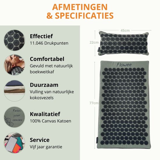 Flowee Spijkermat ECO & spijkerkussen SET - Groen met grijs - Vulling Kokosvezels & Boekweitkaf (77x45+22x44cm) - Acupressuur Mat - Spijkerbed - Acupunctuur - Shakti Massage - Vijf jaar Garantie