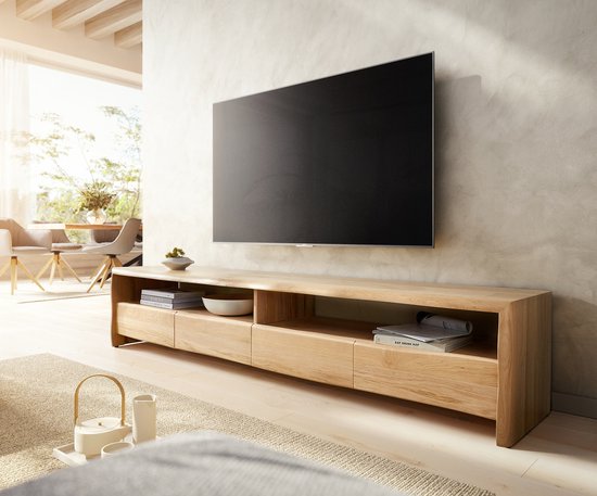 Meuble TV Live- Edge 230 cm chêne naturel 4 tiroirs bord en bois massif